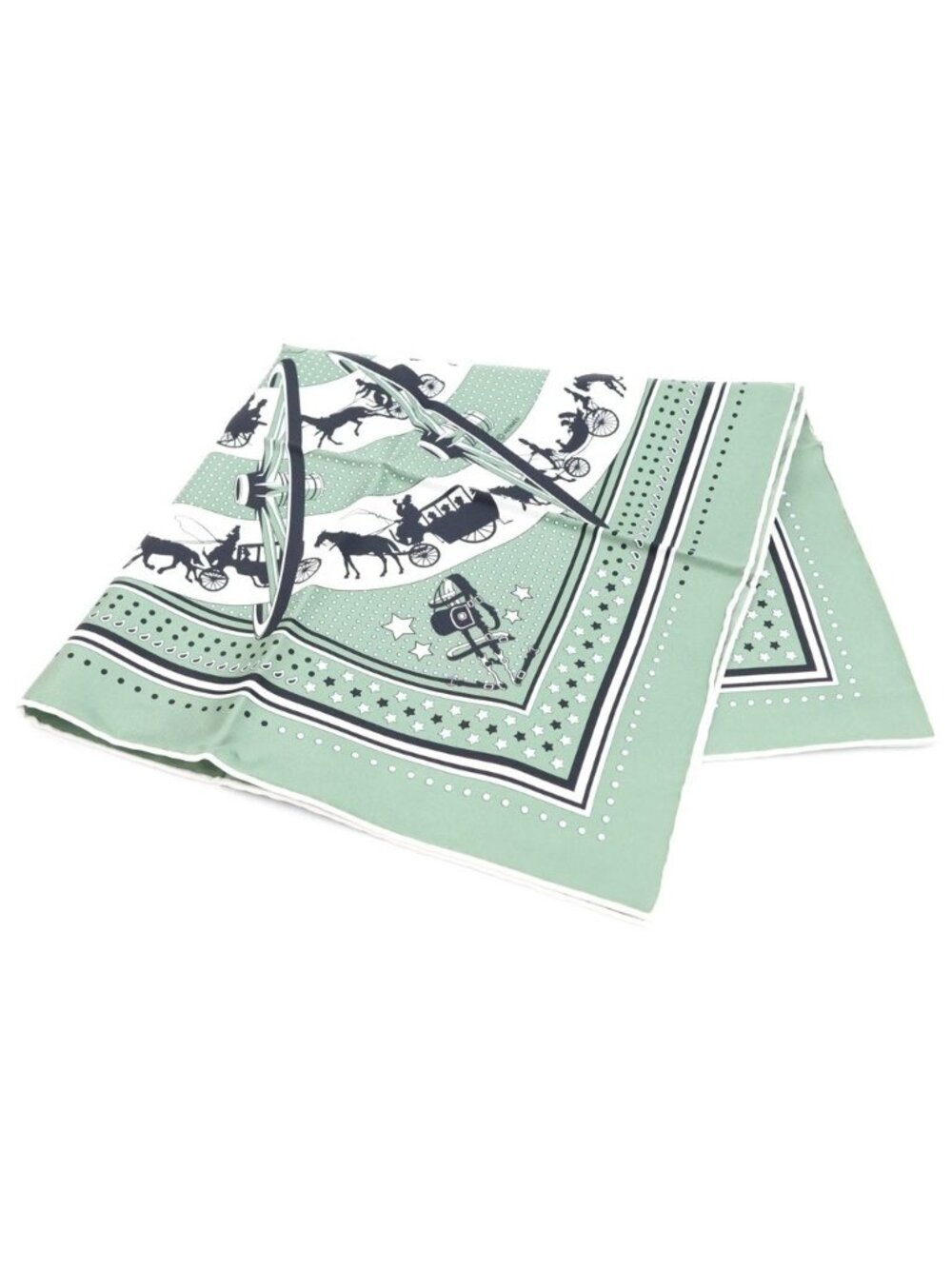 Hermes Carre 55 Paris Qui Roule Bamdana on Wheels Bandana Silk Mint Green White